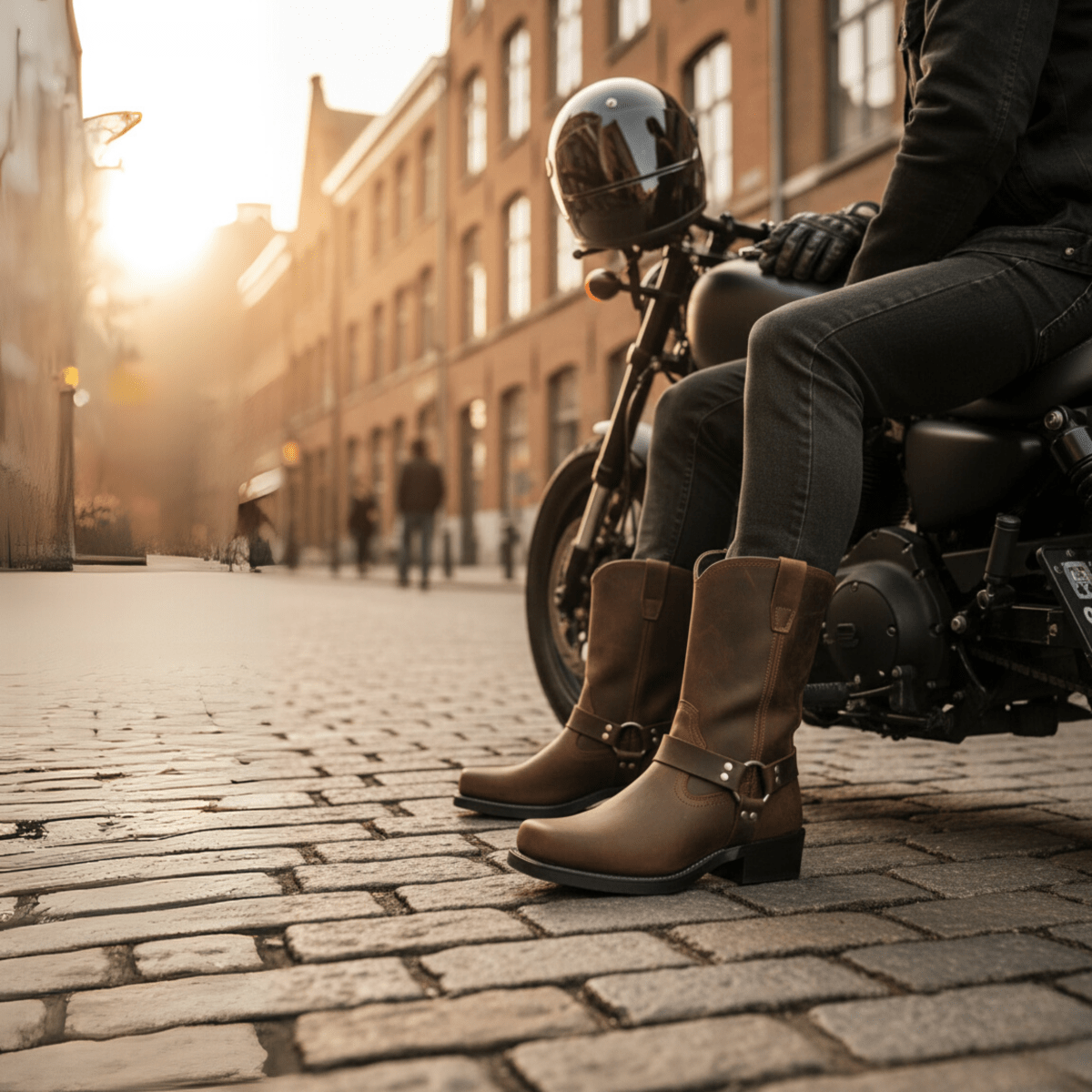 Men's Leather Motorcycle Boots with Square Toe Harness Strap and Metal Studs - Image 4