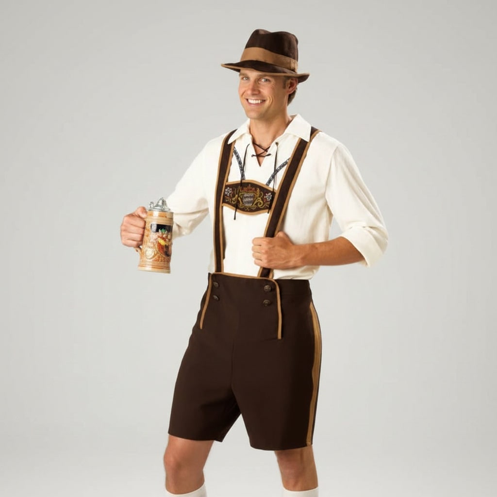 Men's Oktoberfest Costume with Lederhosen Dirndl Skirt Lace-Up Corset Bodice and Suspenders - Image 1