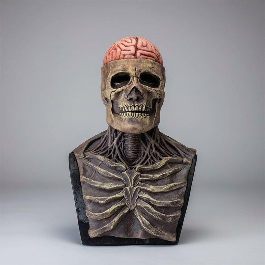 Men's Skull Mask with Skeleton Chest Bib and Creepy Latex Full Head Design for Halloween Costume - Image 1