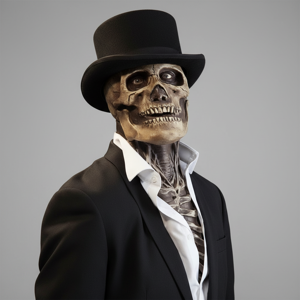 Men's Skull Mask with Skeleton Chest Bib and Creepy Latex Full Head Design for Halloween Costume - Image 4