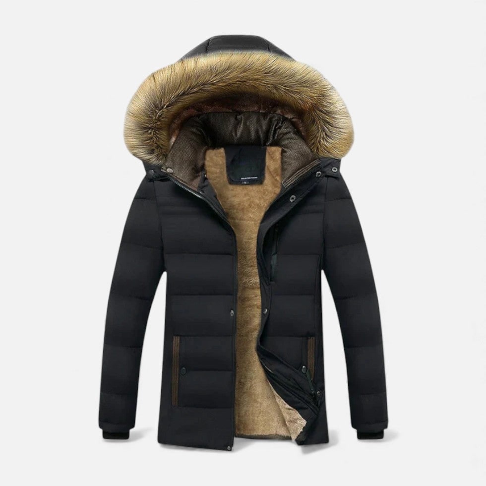 Men's Winter Jackets with Fleece Lining Faux Fur Hood and Quilted Parka Design - Image 1