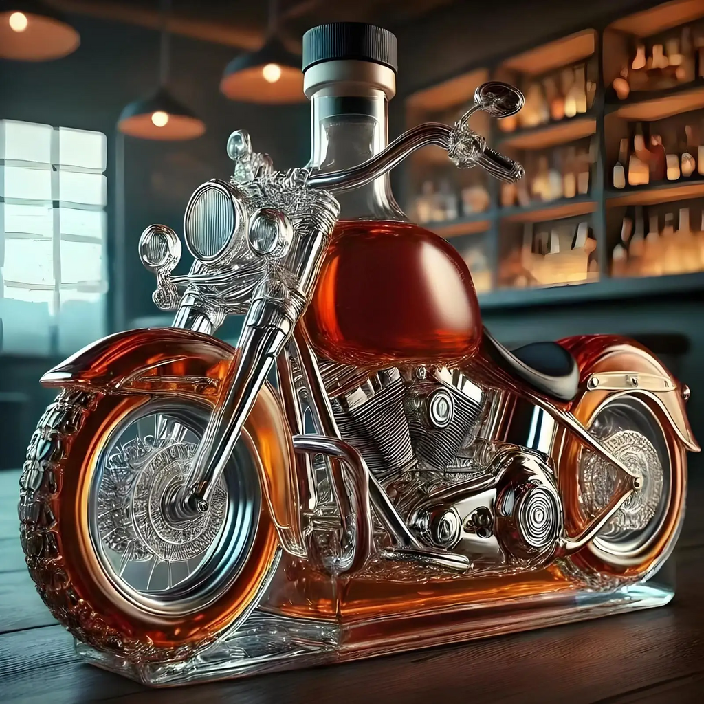 Motorcycle-Shaped Whiskey Decanter with Glass Spoked Wheels and Screw Cap - Image 1