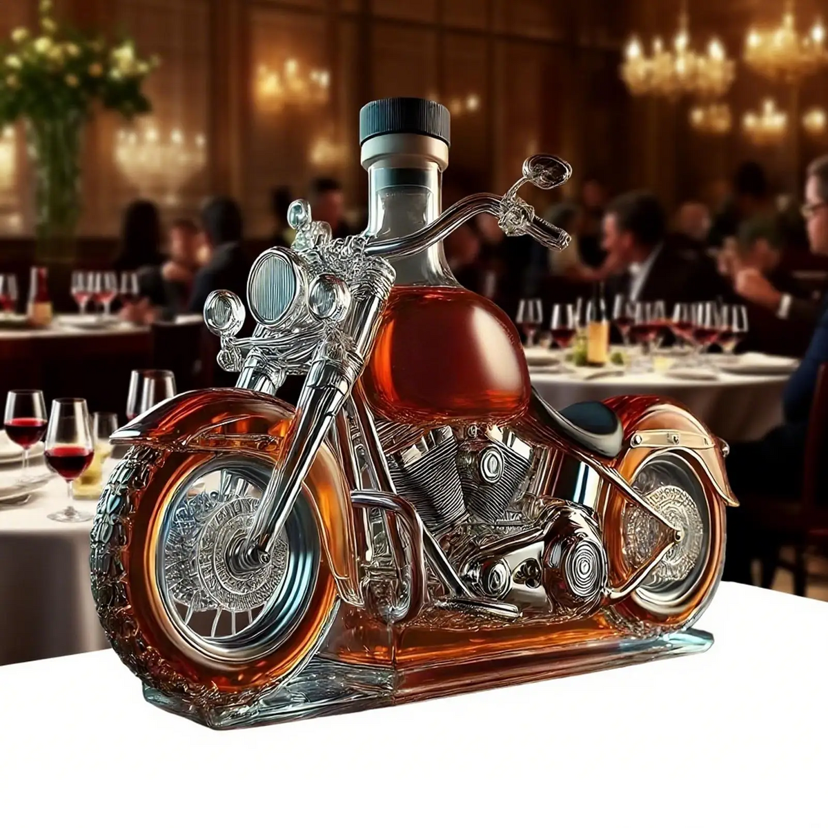 Motorcycle-Shaped Whiskey Decanter with Glass Spoked Wheels and Screw Cap - Image 2