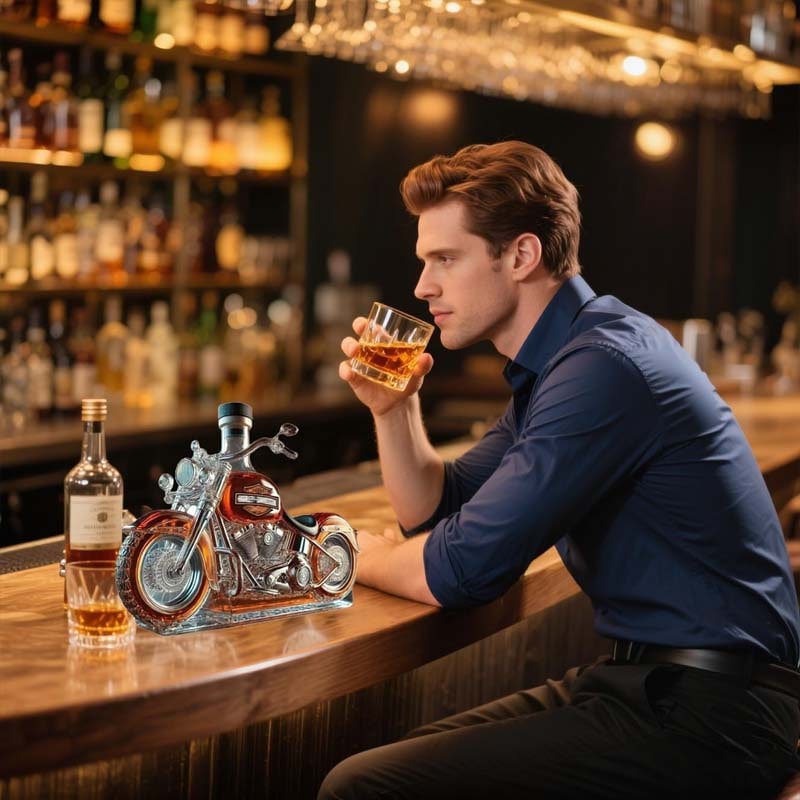 Motorcycle-Shaped Whiskey Decanter with Glass Spoked Wheels and Screw Cap - Image 3