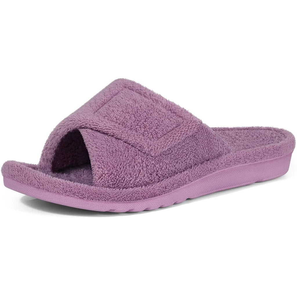 Open Toe House Slippers with Terry Cloth Adjustable Strap and Contoured Footbed - Image 1