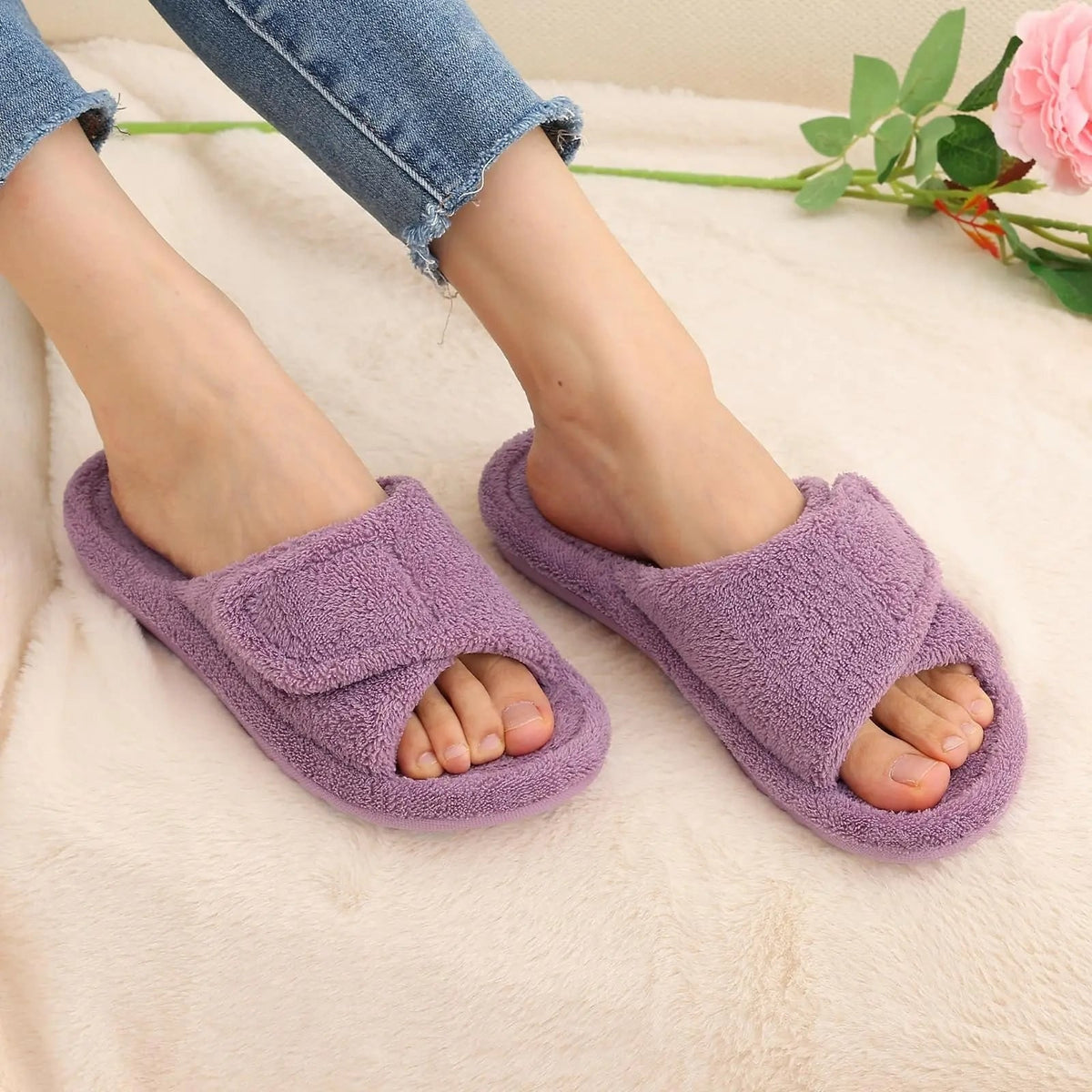 Open Toe House Slippers with Terry Cloth Adjustable Strap and Contoured Footbed - Image 2