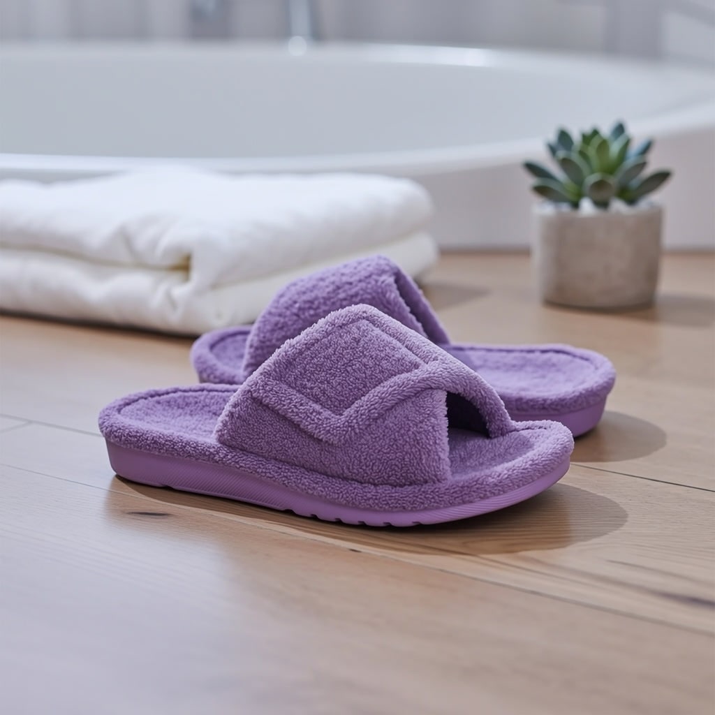 Open Toe House Slippers with Terry Cloth Adjustable Strap and Contoured Footbed - Image 4