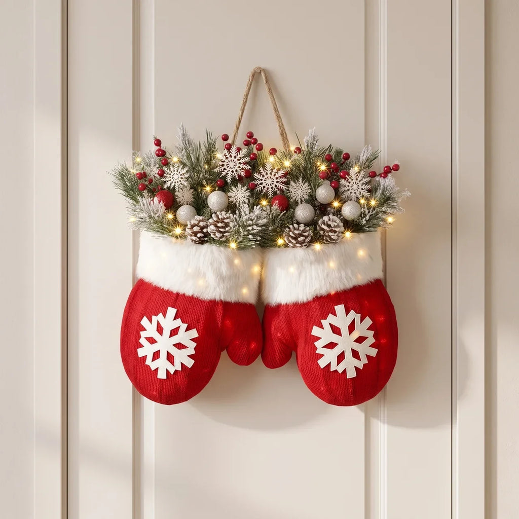 Outdoor Christmas Lights Door Hanger with LED Mitten Shape and Faux Greenery - Image 1
