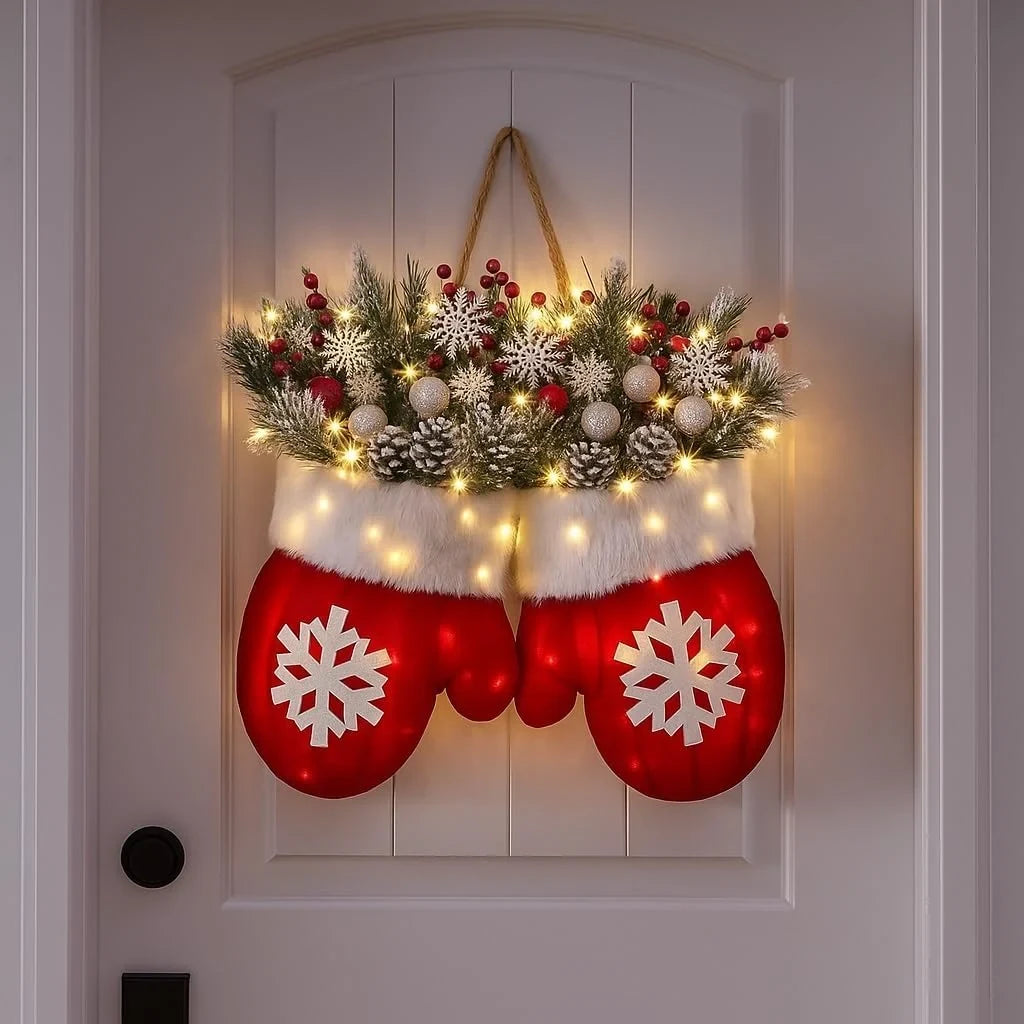 Outdoor Christmas Lights Door Hanger with LED Mitten Shape and Faux Greenery - Image 3