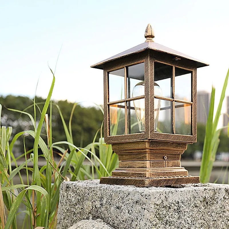 Outdoor Post Light Fixtures with Square Lantern Design and Clear Glass Panes - Image 1