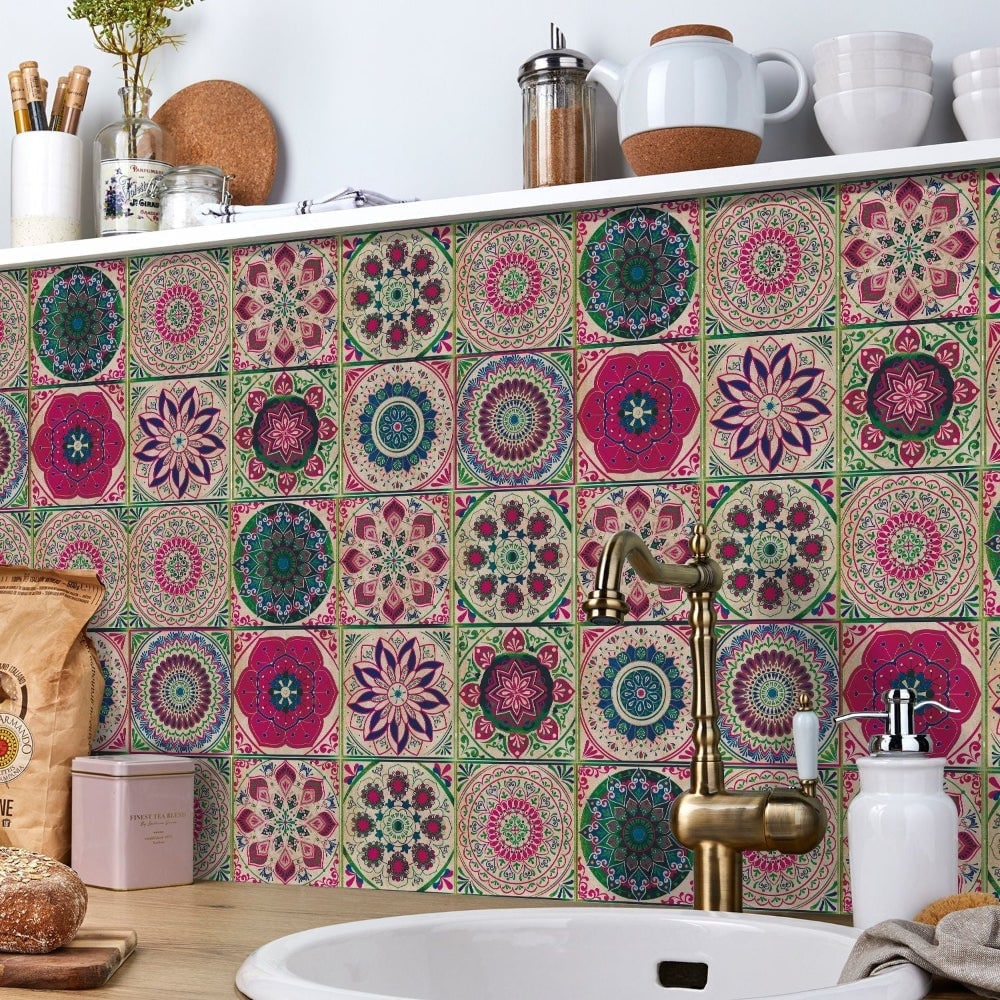 Peel and Stick Tile Backsplash Wall Art Decor Stickers Mandala and Geometric Patterns Pack of 24 - Image 1