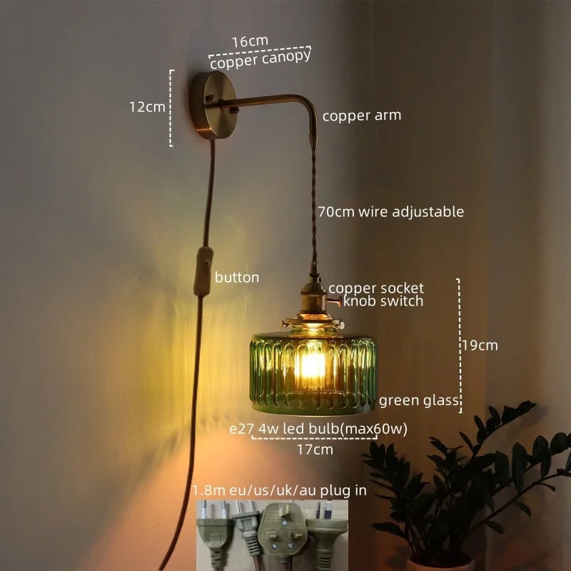 Plug in Wall Sconce with Vintage Brass Arm and Green Glass Shade - Image 2