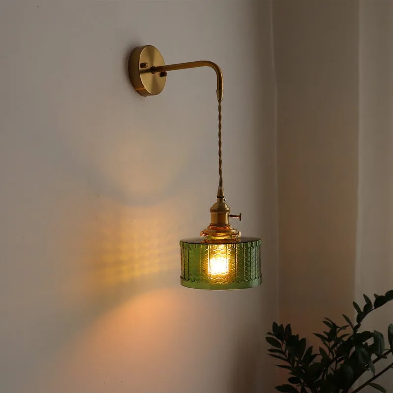 Plug in Wall Sconce with Vintage Brass Arm and Green Glass Shade - Image 3