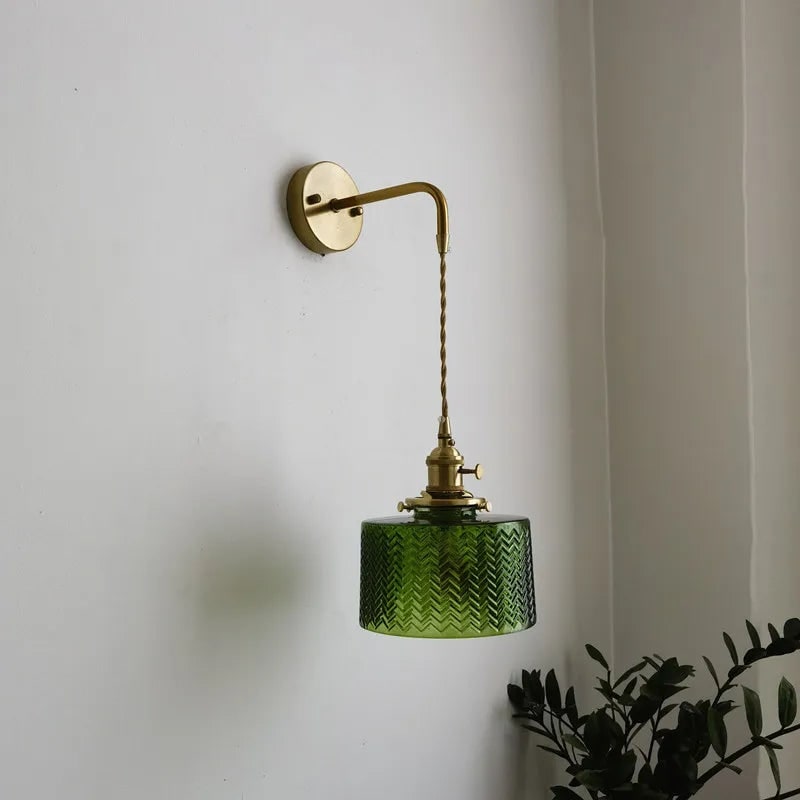 Plug in Wall Sconce with Vintage Brass Arm and Green Glass Shade - Image 4