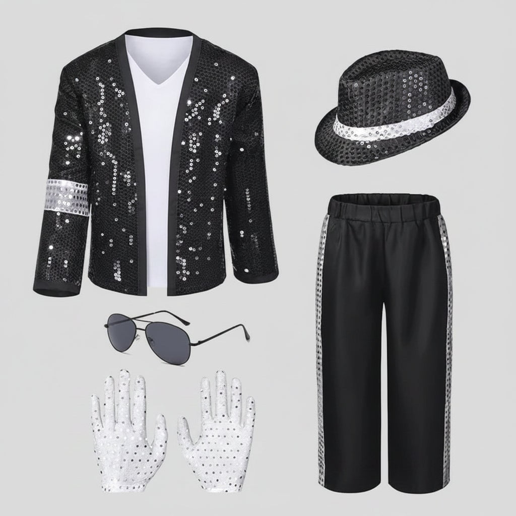 Pop Star Costume Set with Sequined Jacket Fedora Gloves and Wig - Image 2