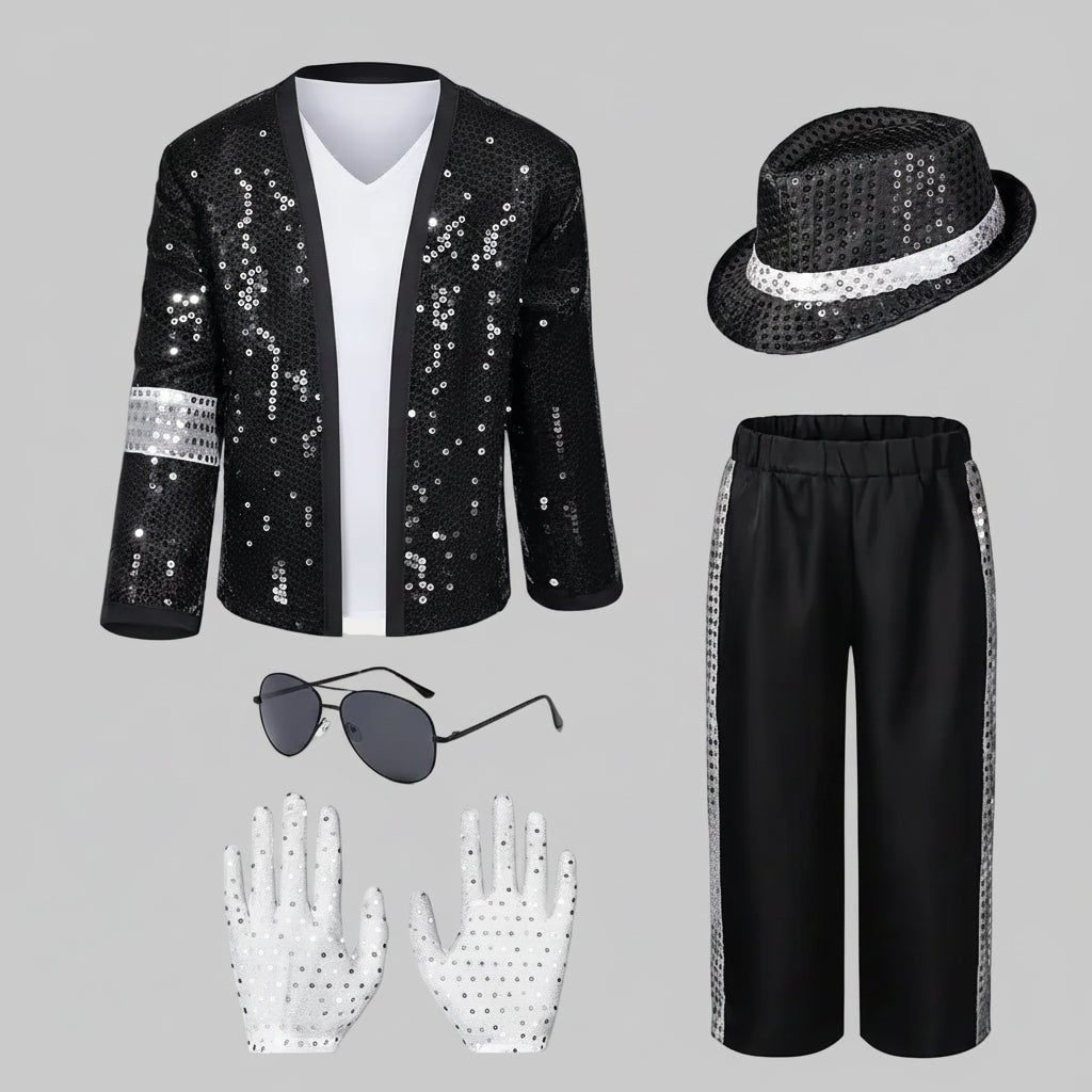 Pop Star Costume Set with Sequined Jacket Fedora Gloves and Wig - Image 4