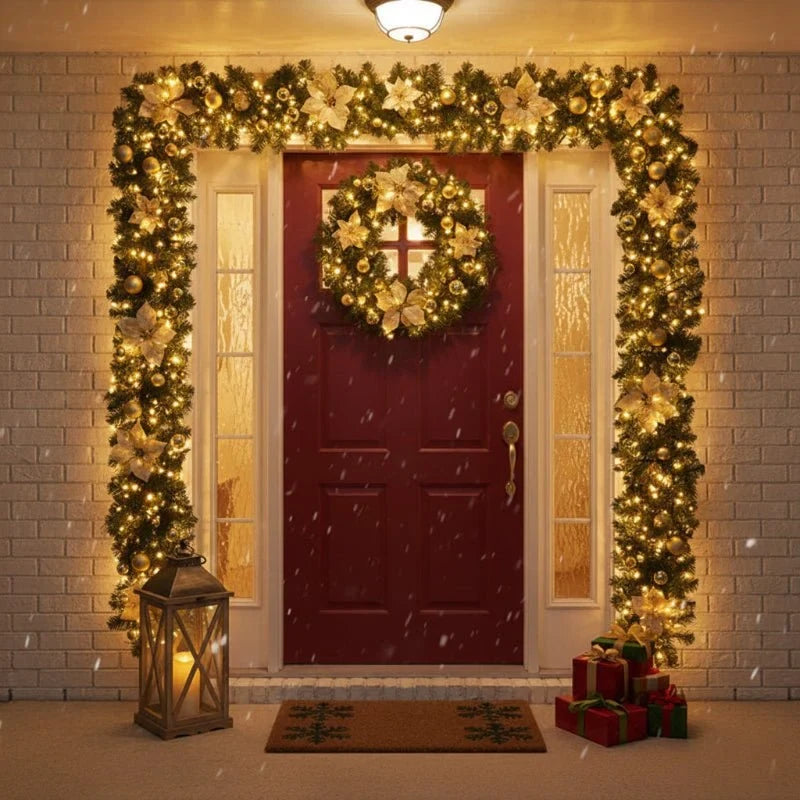 Pre-Lit Christmas Garland with LED Lights Poinsettia Flowers and Ornaments - Image 1