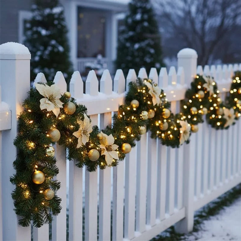 Pre-Lit Christmas Garland with LED Lights Poinsettia Flowers and Ornaments - Image 12