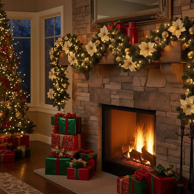 Pre-Lit Christmas Garland with LED Lights Poinsettia Flowers and Ornaments - Image 2