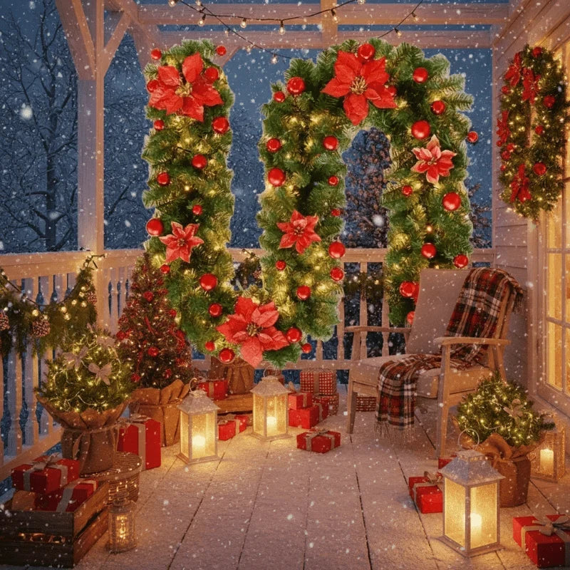 Pre-Lit Christmas Garland with LED Lights Poinsettia Flowers and Ornaments - Image 3