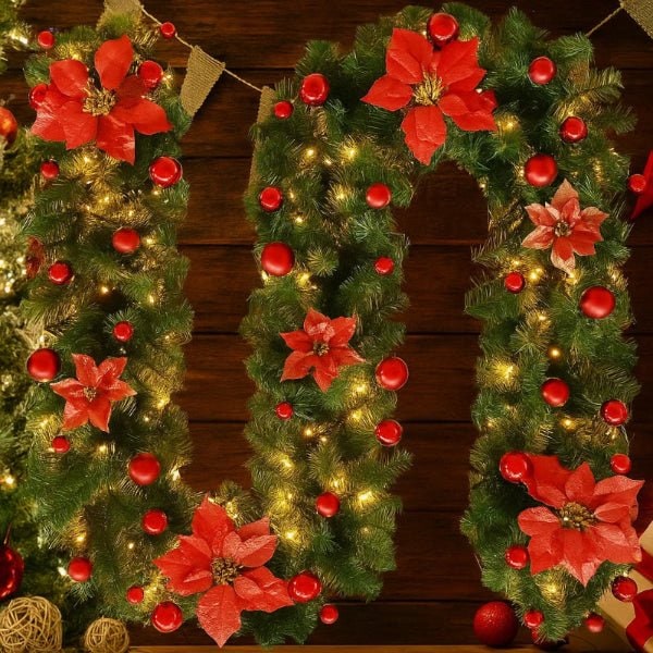 Pre-Lit Christmas Garland with LED Lights Poinsettia Flowers and Ornaments - Image 5