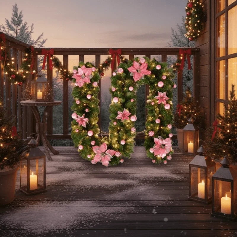 Pre-Lit Christmas Garland with LED Lights Poinsettia Flowers and Ornaments - Image 6