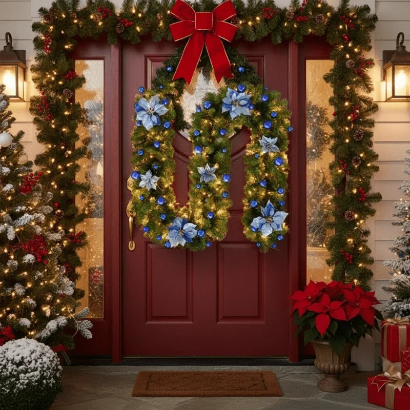 Pre-Lit Christmas Garland with LED Lights Poinsettia Flowers and Ornaments - Image 7