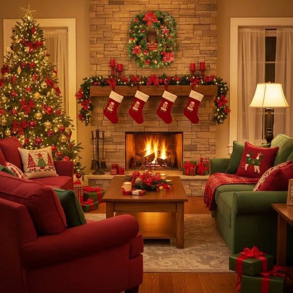Pre-Lit Christmas Garland with LED Lights Poinsettia Flowers and Ornaments - Image 9