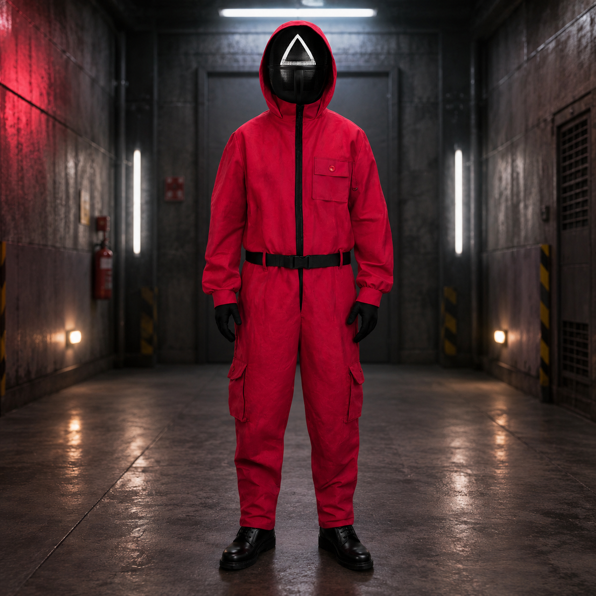 Red Hooded Jumpsuit Costume with Belt for Halloween Cosplay - Image 1