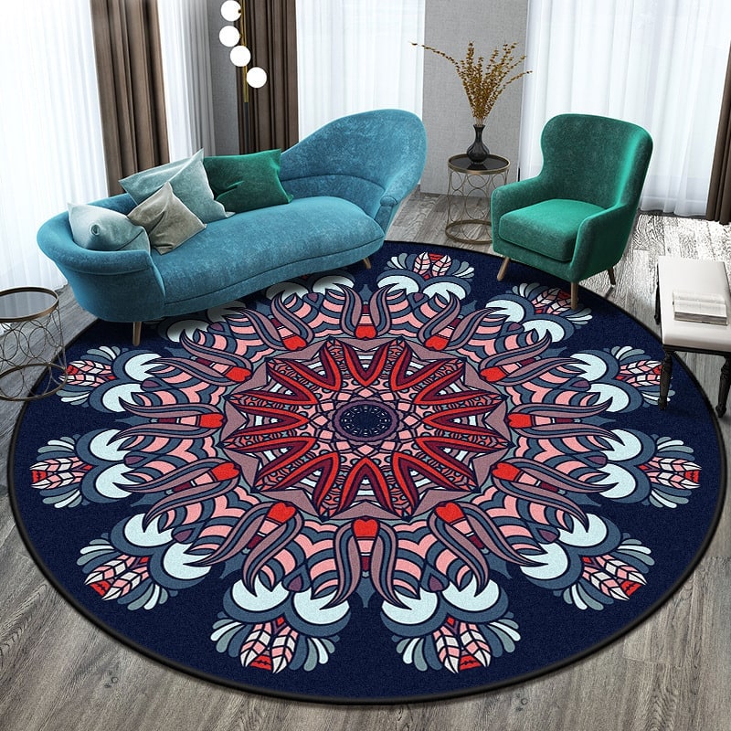 Round Area Rug with Geometric Mandala Pattern and Bohemian Tribal Motifs - Image 6
