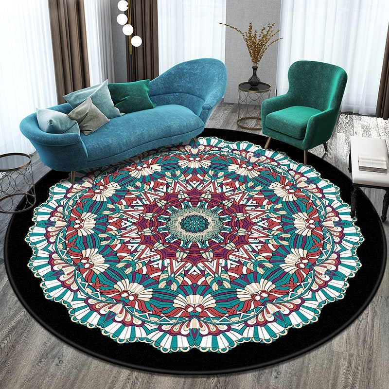 Round Area Rug with Geometric Mandala Pattern and Bohemian Tribal Motifs - Image 7