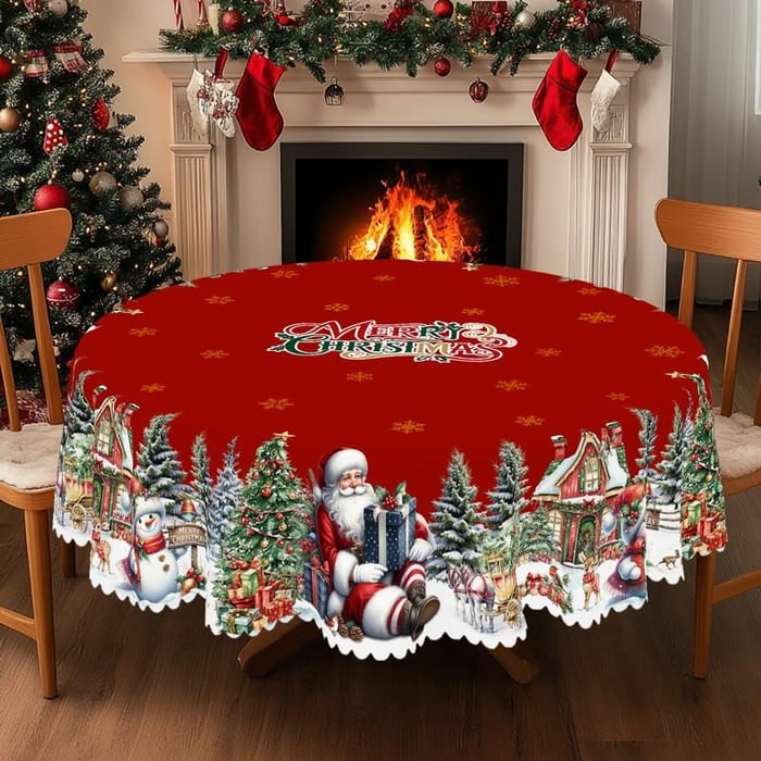 Round Christmas Tablecloth with Scalloped Edges and Festive Holiday Print - Image 3