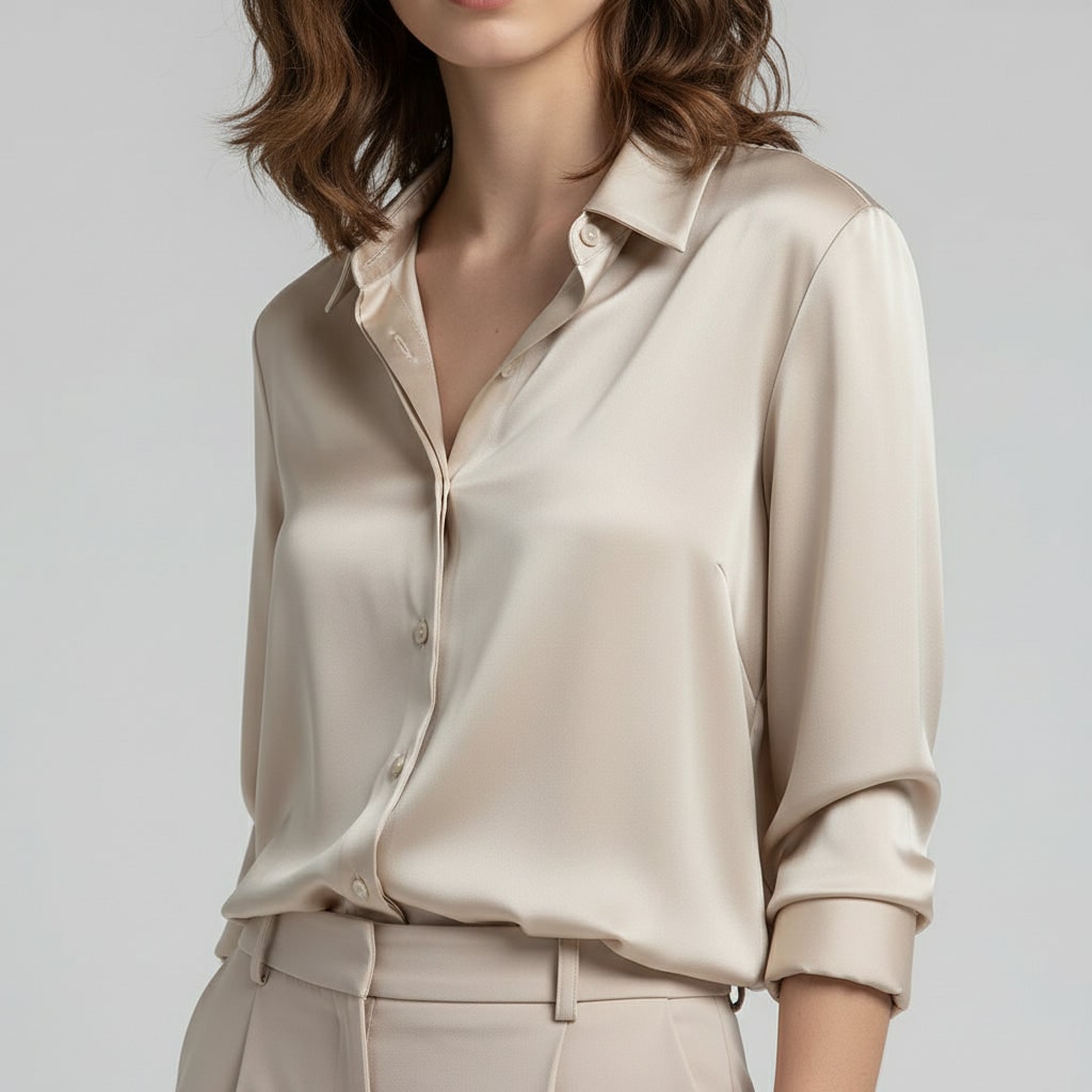 Satin Button Up Blouse with Long Sleeves and High-Low Hem - Image 1