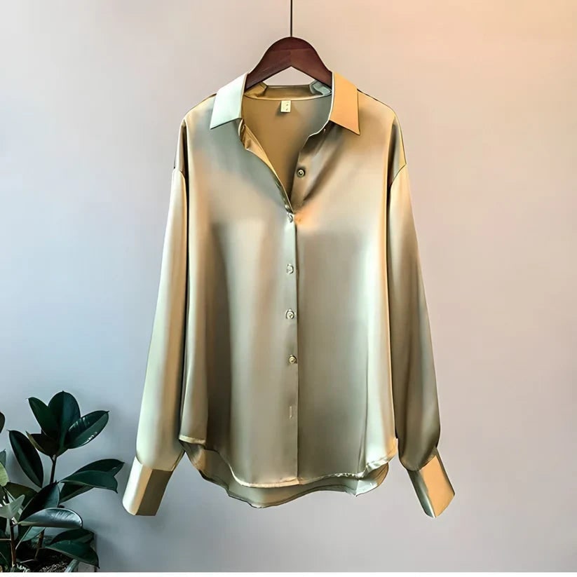 Satin Button Up Blouse with Long Sleeves and High-Low Hem - Image 2