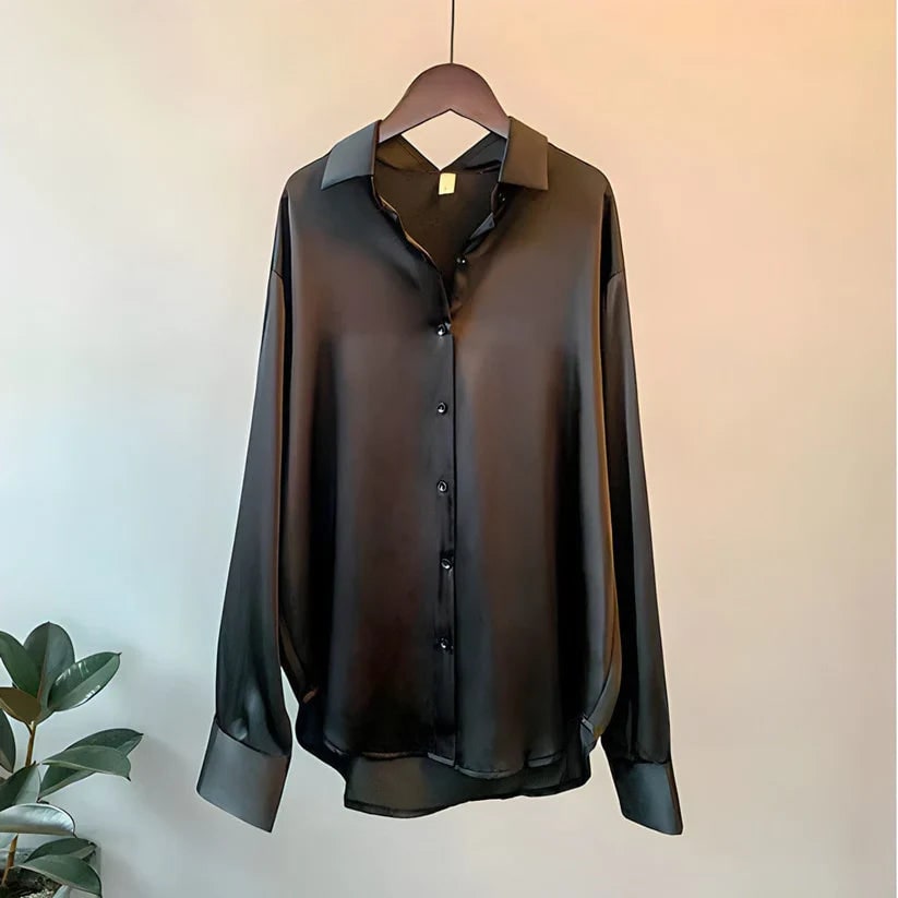 Satin Button Up Blouse with Long Sleeves and High-Low Hem - Image 3