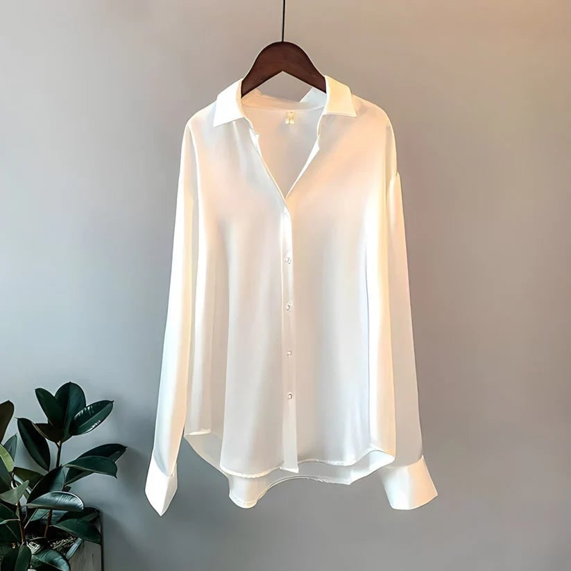 Satin Button Up Blouse with Long Sleeves and High-Low Hem - Image 4