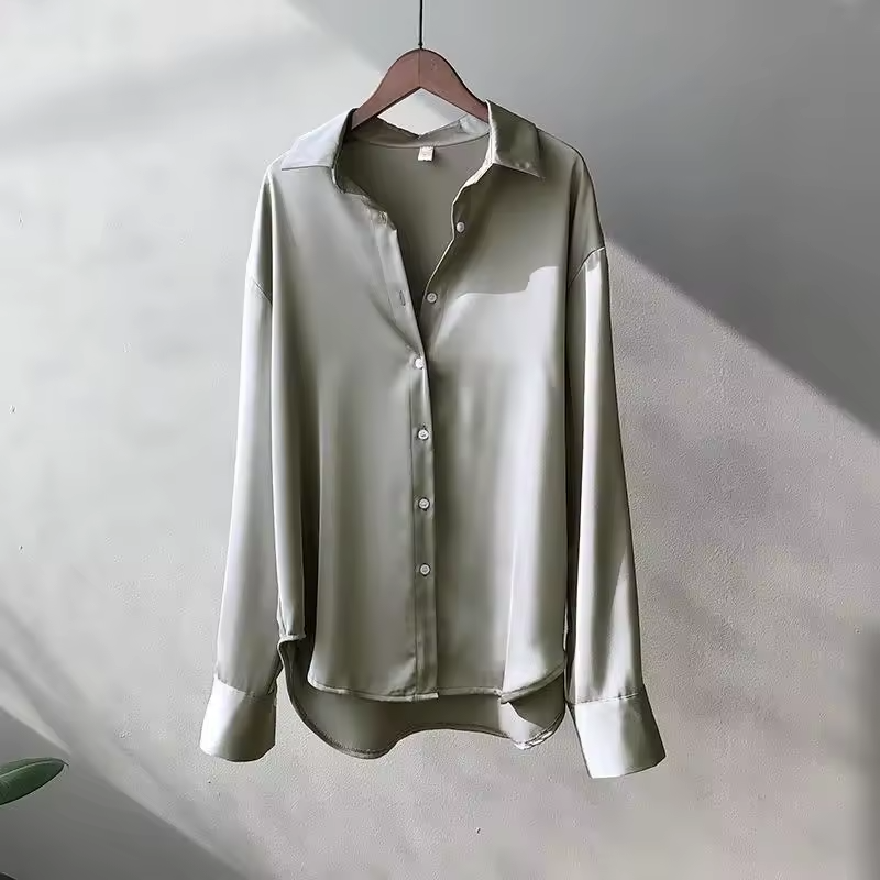 Satin Button Up Blouse with Long Sleeves and High-Low Hem - Image 6