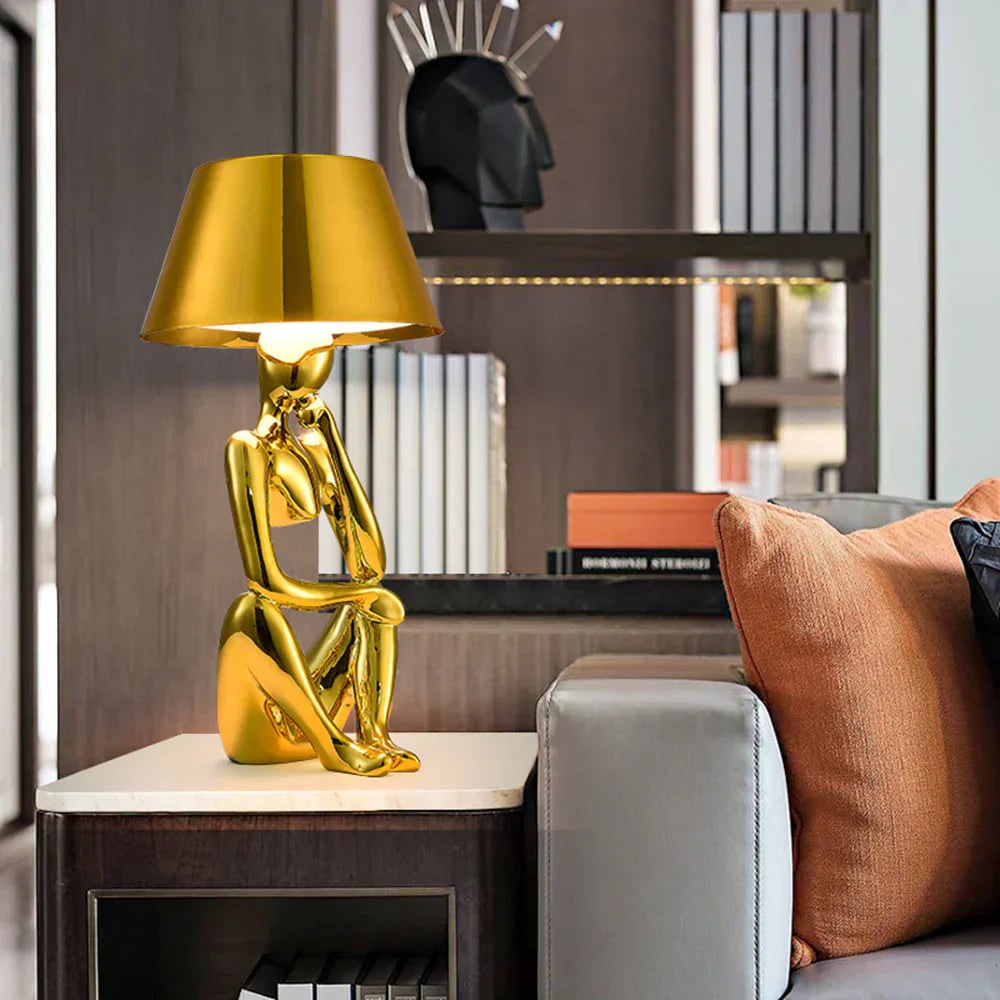 Sculpture Table Lamp with Abstract Human Base and Metallic Cone Shade for Modern - Image 1
