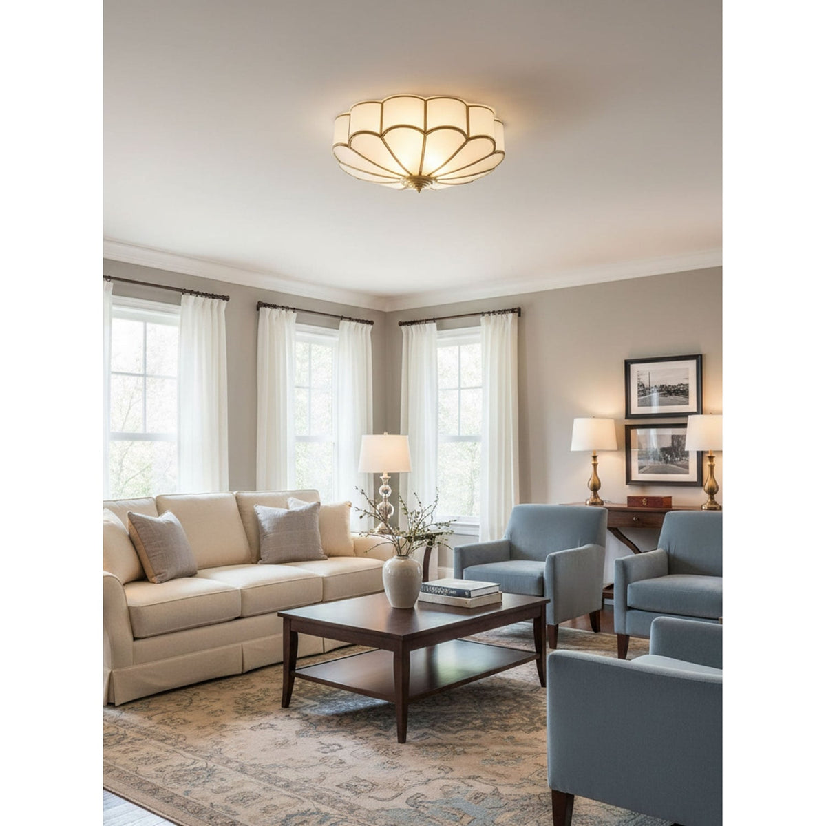Semi Flush Mount Ceiling Light with Floral Petal Design and Frosted Glass - Image 19