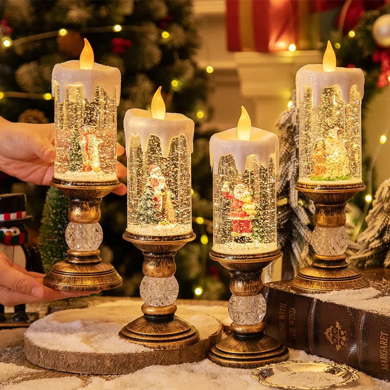 Snow Globe LED Christmas Candle with Glitter Swirl and Brass Pedestal Stand - Image 1