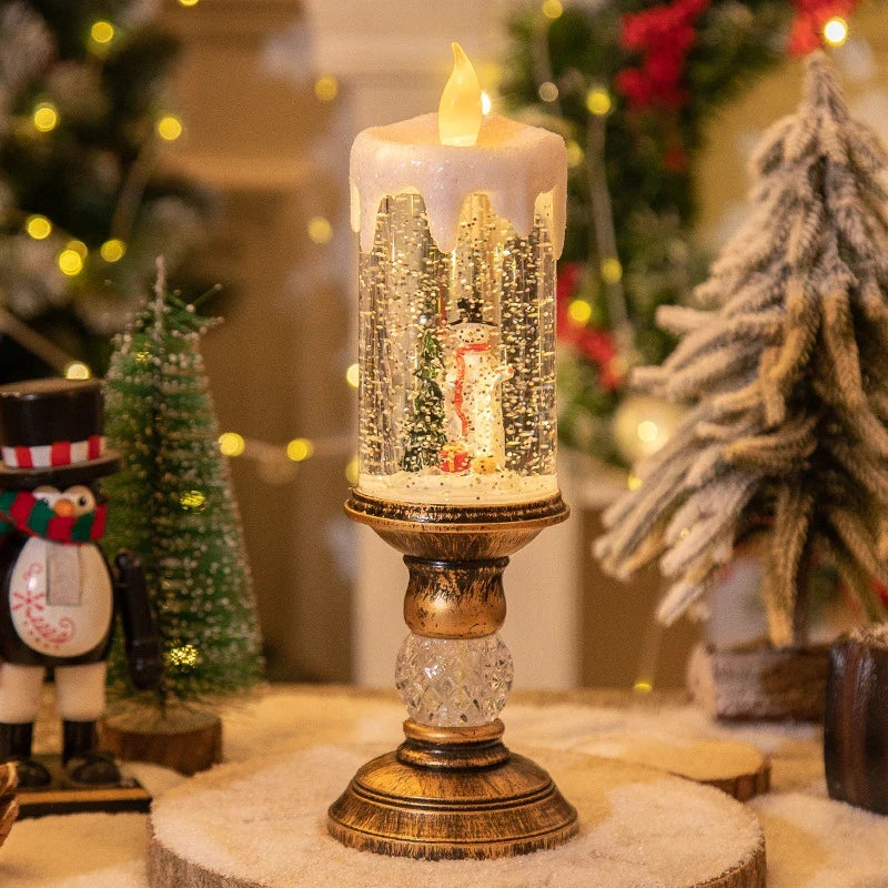 Snow Globe LED Christmas Candle with Glitter Swirl and Brass Pedestal Stand - Image 10