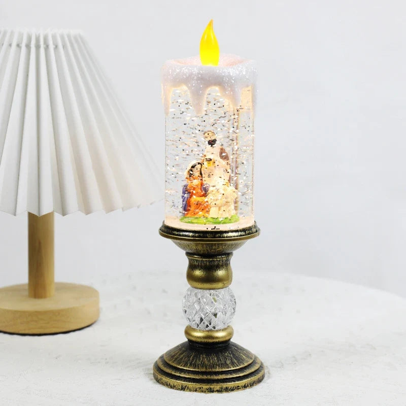 Snow Globe LED Christmas Candle with Glitter Swirl and Brass Pedestal Stand - Image 11