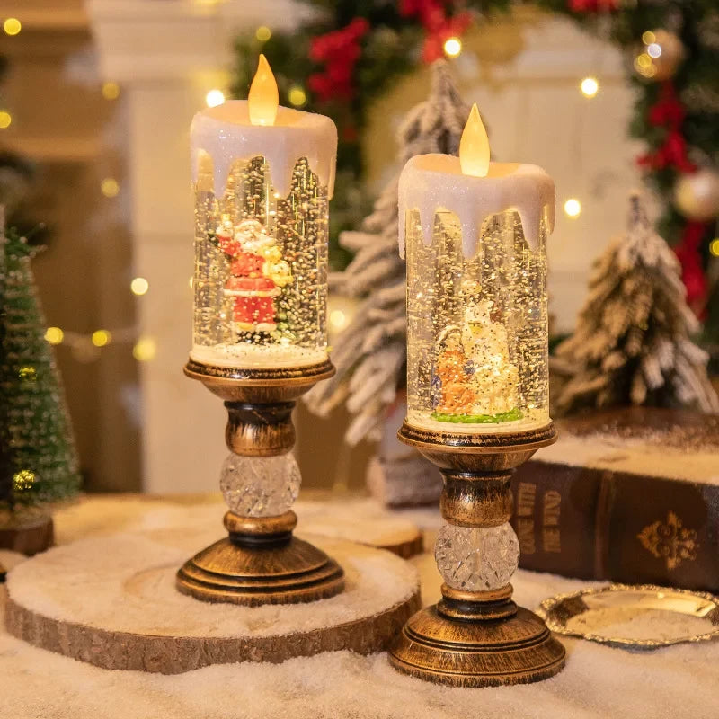 Snow Globe LED Christmas Candle with Glitter Swirl and Brass Pedestal Stand - Image 3