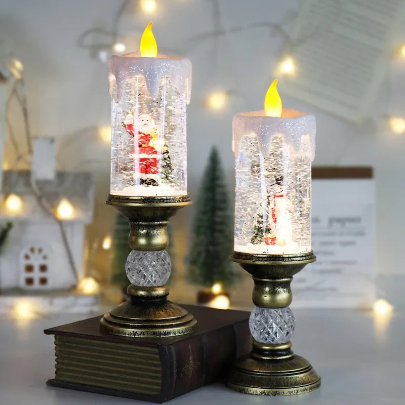 Snow Globe LED Christmas Candle with Glitter Swirl and Brass Pedestal Stand - Image 4