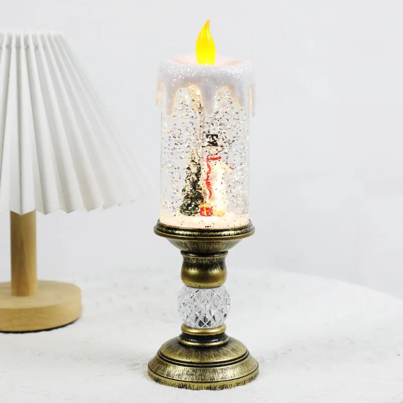 Snow Globe LED Christmas Candle with Glitter Swirl and Brass Pedestal Stand - Image 6