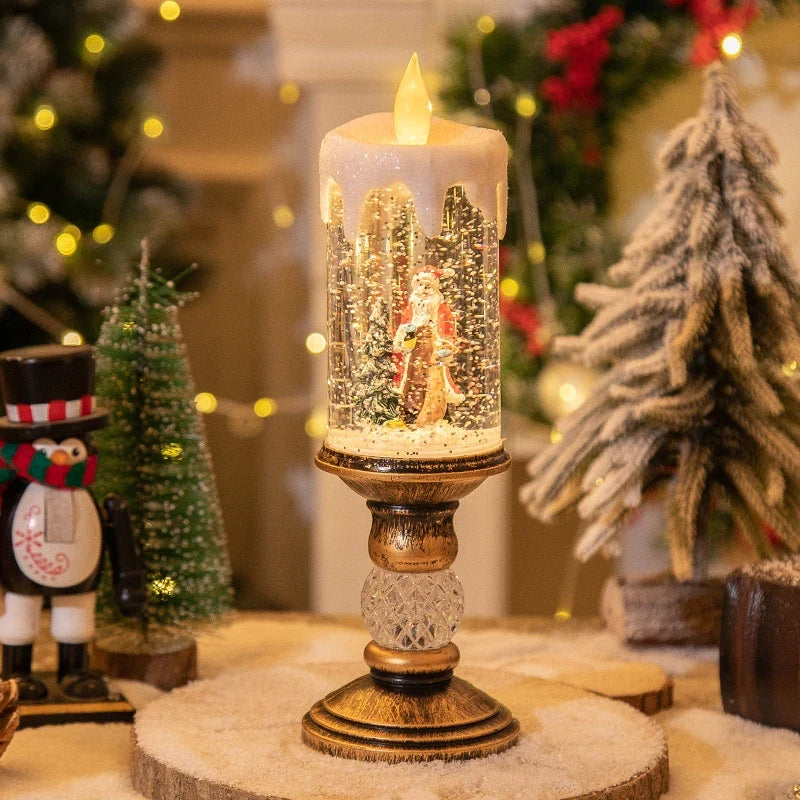 Snow Globe LED Christmas Candle with Glitter Swirl and Brass Pedestal Stand - Image 9