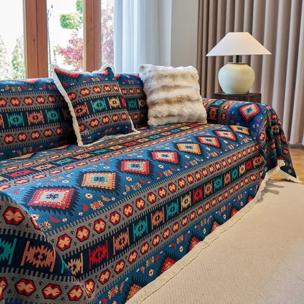 Sofa Throw Blanket with Woven Geometric Bohemian Pattern and Fringe Trim - Image 7