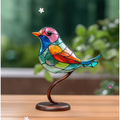 Stained Glass Birds Ornament with Bronze Metal Branch Stand for Tabletop Décor - Image 1