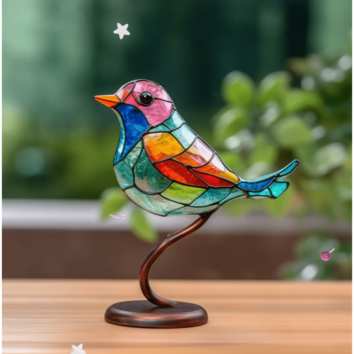 Stained Glass Birds Ornament with Bronze Metal Branch Stand for Tabletop Décor - Image 1