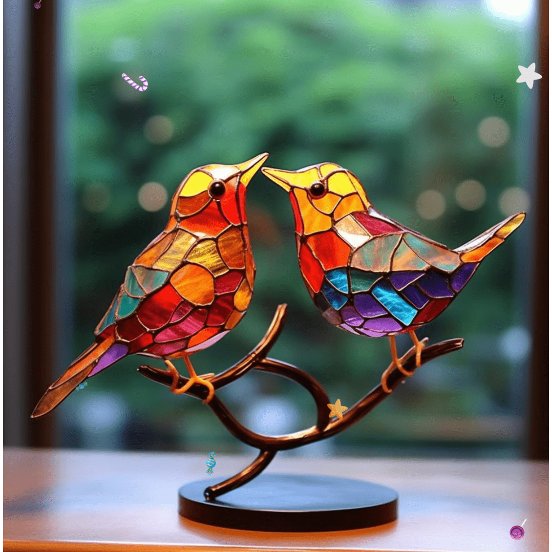 Stained Glass Birds Ornament with Bronze Metal Branch Stand for Tabletop Décor - Image 2